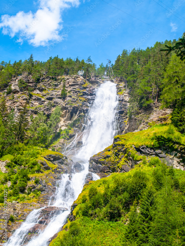 Fototapeta premium Stuiben waterfall, or Stuibenfall, is the highest waterfall in Tyrol, Austria. View from below