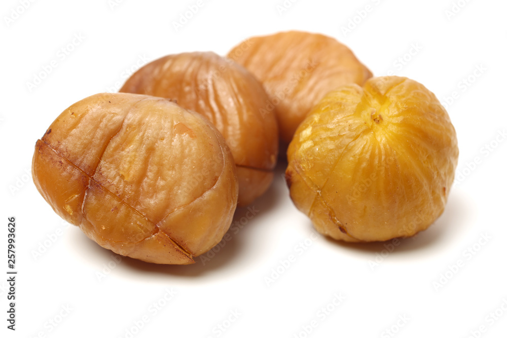 chinese food, peeled roasted chestnut on white background chinese food, peeled roasted chestnut on white background