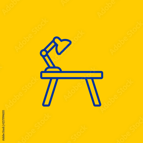 Blue line Work Desk table icon on yellow background