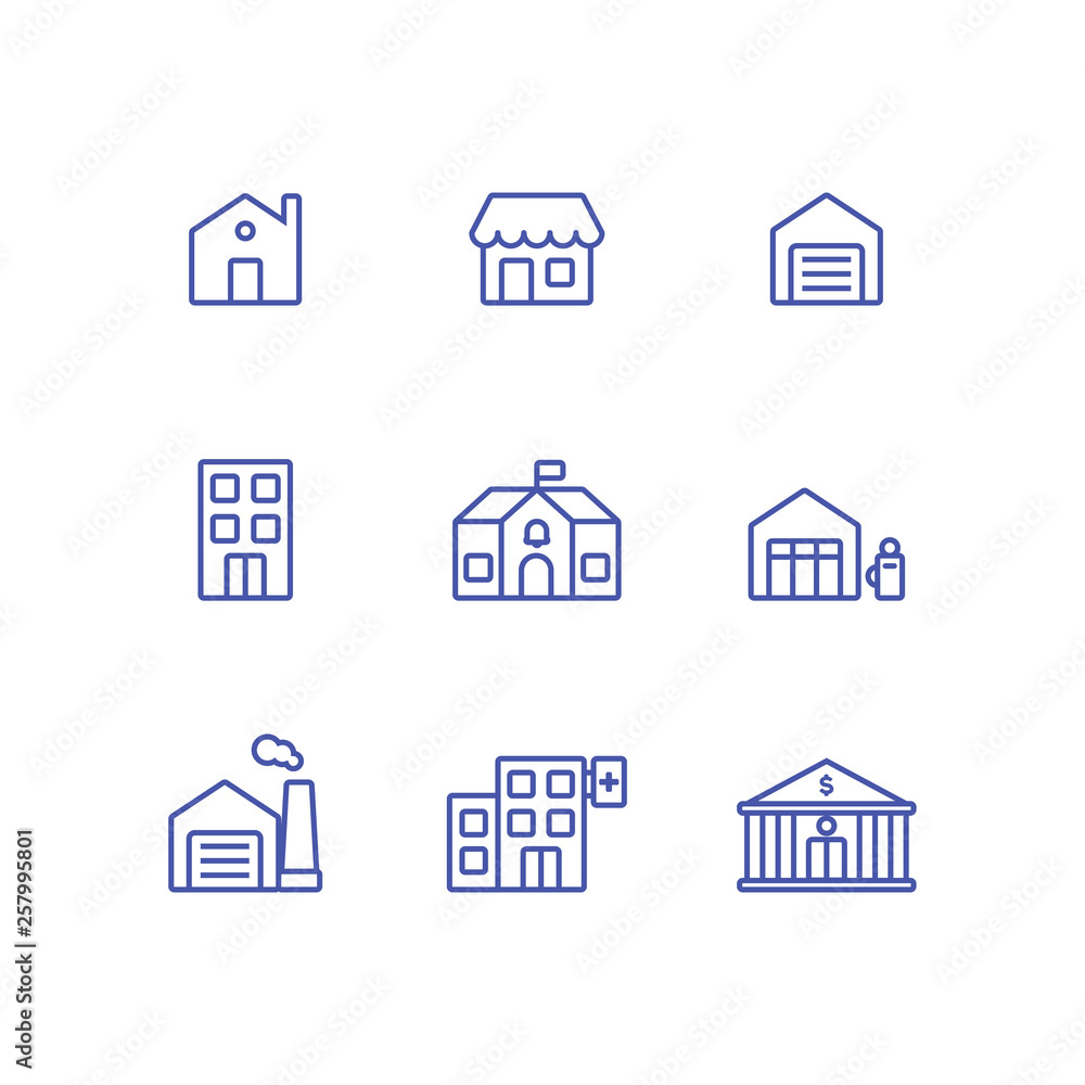 Set town builing icon collection. Bank, house, garage, shop, gas station, school, hopital, factory, and office icon Set town builing icon collection. Bank, house, garage, shop, gas station, school, hopital, factory, and office icon