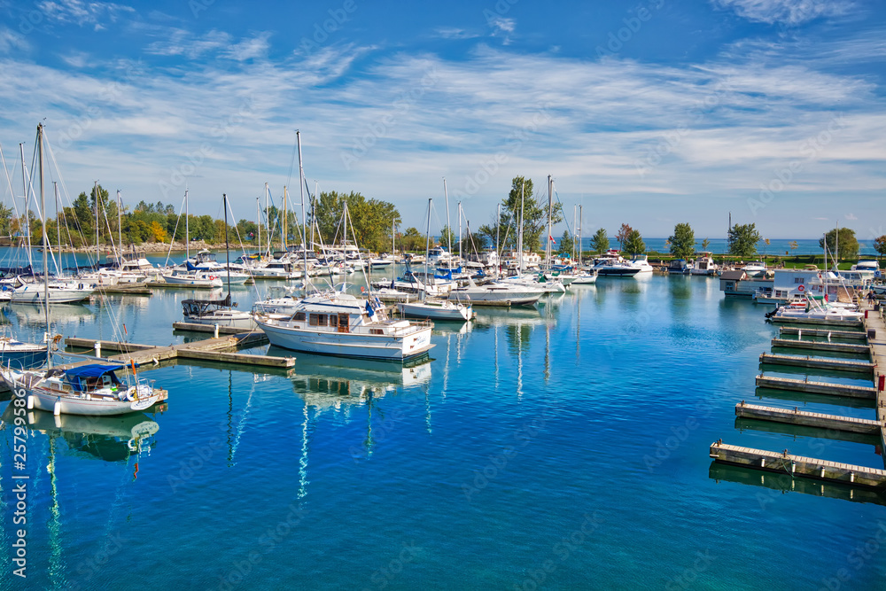 Toronto, Canada-22 October, 2018: Bluffers Boating club and yacht club marina located at the foot of the Scarborough Bluffs park in Toronto