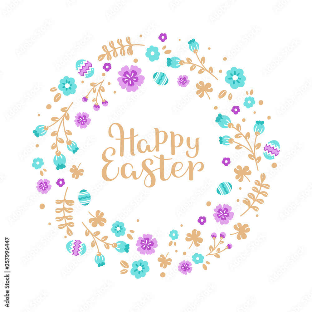 Easter wreath with Easter eggs, flowers, leaves and branches on white background. Decorative frame with gold elements. Unique design for your greeting cards