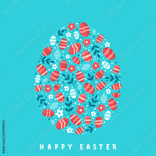 Stylized Easter egg on light blue background.. Happy Easter greeting card.