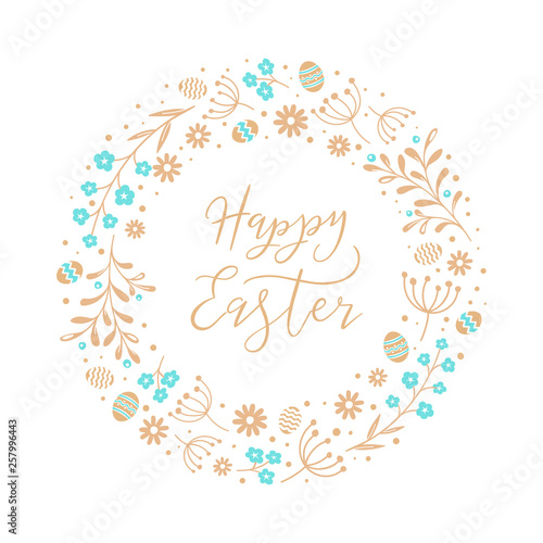 Easter wreath with Easter eggs, flowers, leaves and branches on white background. Decorative frame with gold elements. Unique design for your greeting cards