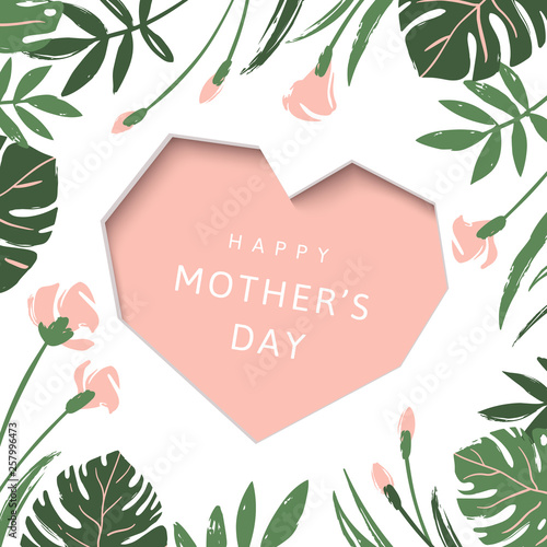 Happy Mother's Day greeting card. Pink heart on tropical leaves and flowers background