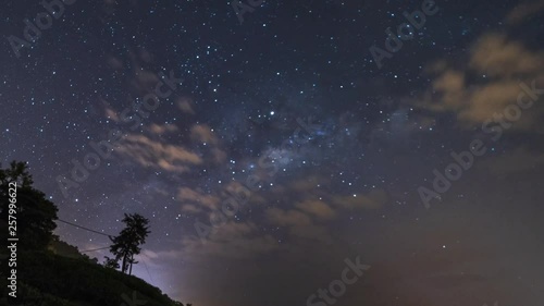 Milky way time lapse scenery in the middle of the night at tea farm plantation, Cameron Highlands. 4k UHD timelapse zoom in motion effect.
