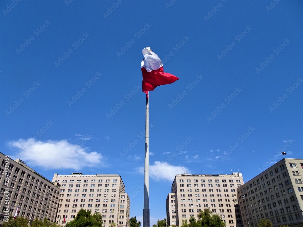Palacio de la Moneda in Chile with its great national flag.
