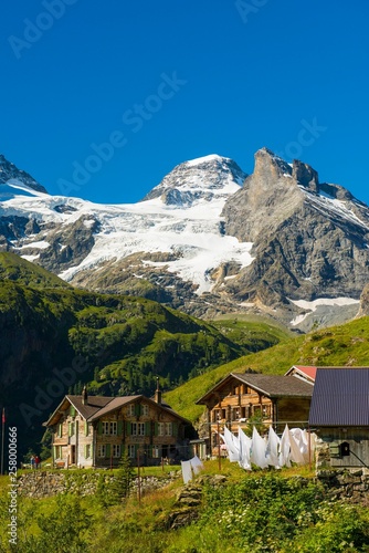 Berggasthof Obersteinberg, mountain guesthouse, Tschingelhorn behind with snow, Hinteres Lauterbrunnen, Swiss Alps Jungfrau-Aletsch, Bernese Oberland, Switzerland, Europe photo