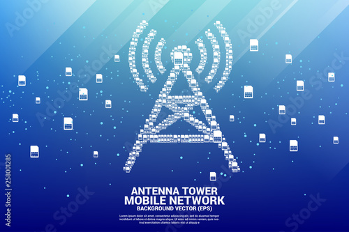 Antenna tower icon from mobile sim card. Concept for mobile telecommunication global network.
