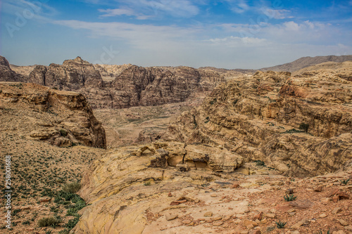 rocky highland dry bare mountains environment of Middle East Jordan country aerial desert landscape 