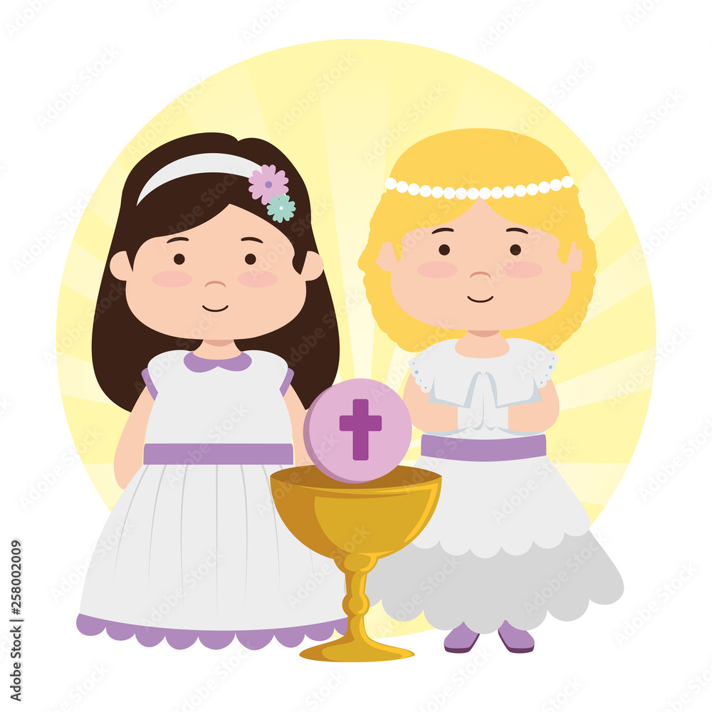 girsl with dress and chalice to first communion girsl with dress and chalice to first communion