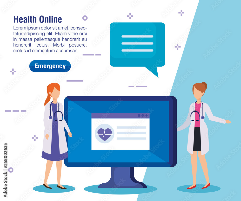 women doctors with laptop and chat bubble women doctors with laptop and chat bubble