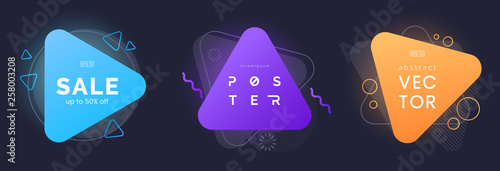 Abstract triangle banners with bright effect isolated on dark background. Neon badges collection. Abstract geometric shapes. Dynamic composition. Use for advertising, party invite, etc. Vector eps 10.