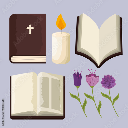 set bible with candle and flowers plants to event