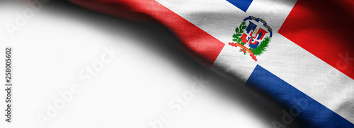 Realistic colourful background, flag of Dominican Republic on white background - right top corner flag photo