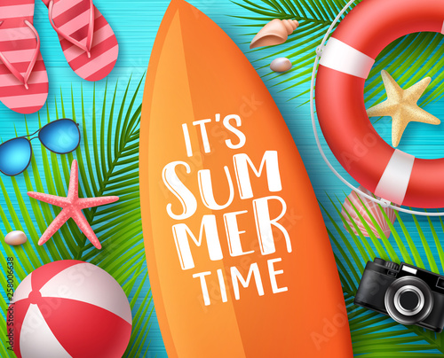 It's summer time vector design concept. Summer text in surfboard with beach elements like lifebuoy, seashells and palm leaves in blue wooden textured background. Vector illustration.