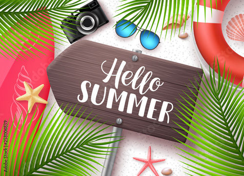 Hello summer vector banner. Wooden sign board with hello summer text and beach elements like surfboard and seashells in white sand background. Vector illustration.