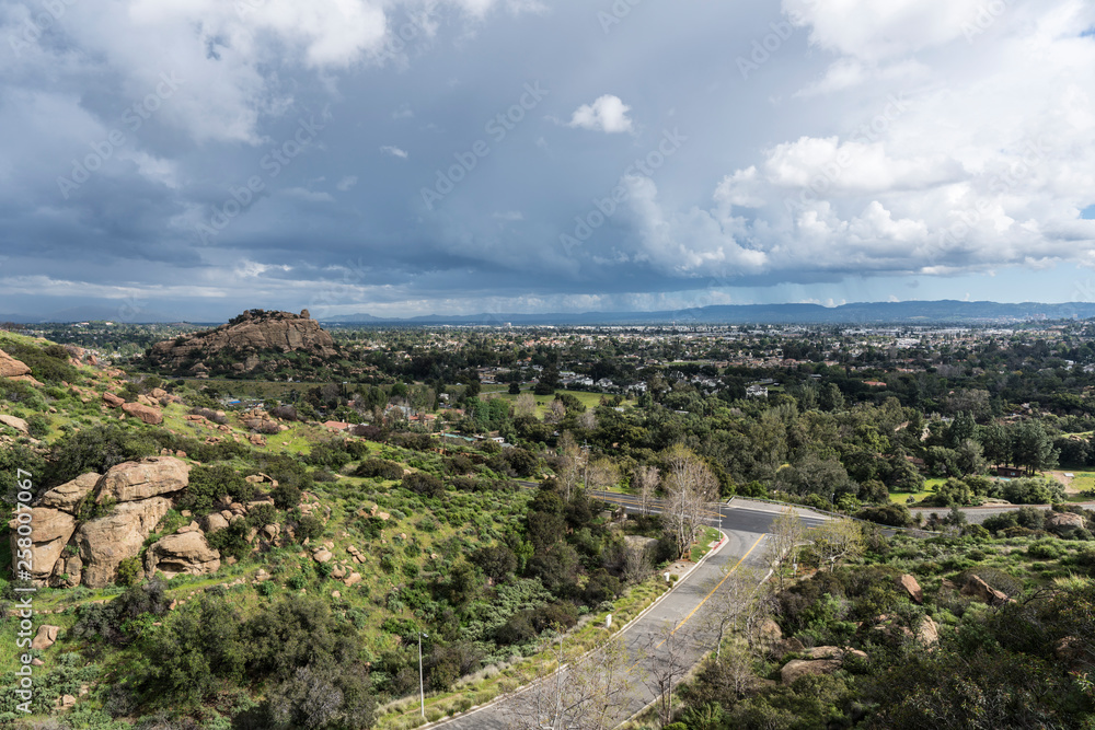 Scenic view of spring storm clouds, Stoney Point Park and the San Fernando Valley near Topanga Canyon Blvd and Santa Susana Pass Road in the City of Los Angeles, California.