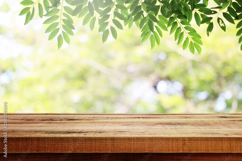 Empty wooden and blurred green nature garden background. Empty wooden and blurred green nature garden background.