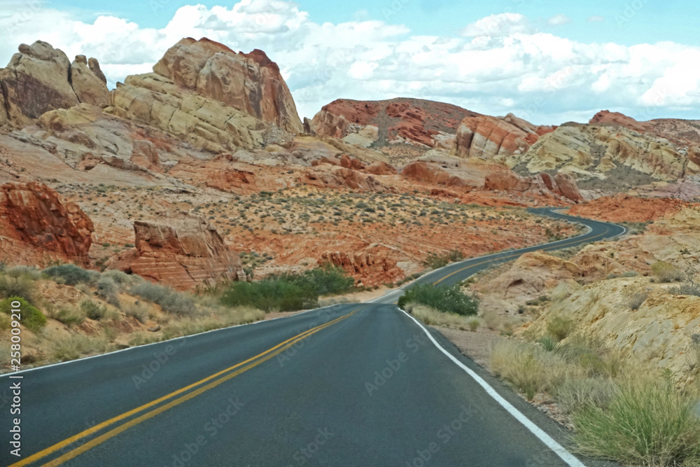 Small narrow road leading into The Valley of Fire State Park.