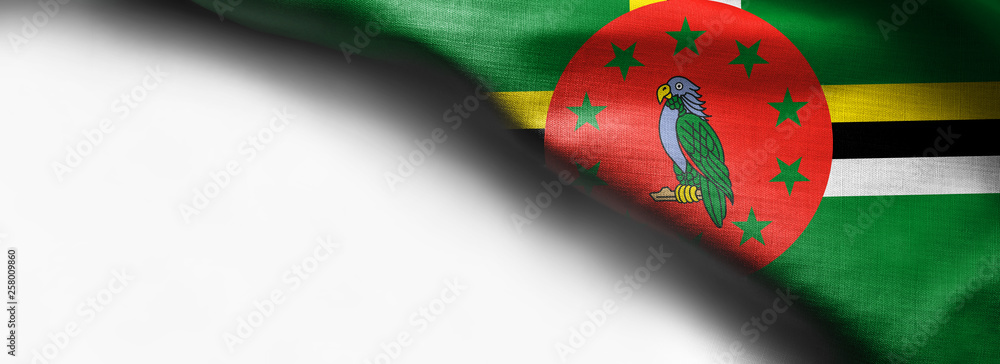 Dominica Flag waving on white background - right top corner flag