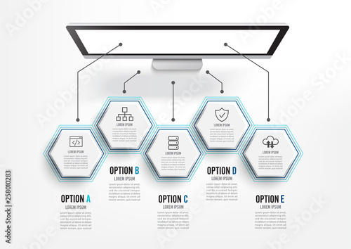 Realistic workplace desktop. Top view desk table, personal computer. IT Industry Infographic Elements.