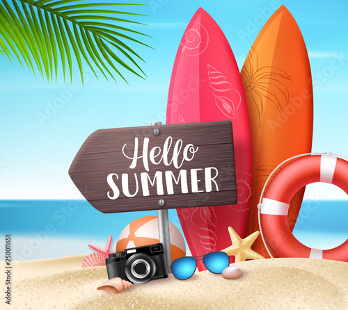 Hello summer vector design concept. Wooden sign board with hello summer text and beach elements like colorful surf board in sea shore background. Vector illustration.