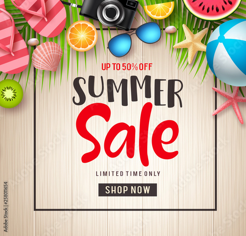 Summer sale vector banner background. Summer sale discount text in empty space with beach elements in wooden textured background for summer seasonal promotion. Vector illustration.