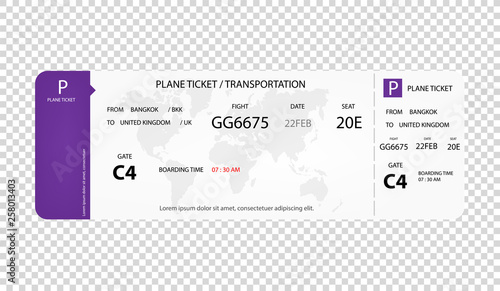 Modern airline ticket. Plane ticket design on transparent background. Concept design of  Plane ticket, airline ticket. Vector flat style cartoon illustration photo