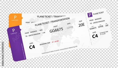 Modern airline tickets. Plane ticket design on transparent background. Concept design of  Plane ticket, airline ticket. flight time on ticket. Vector flat style cartoon illustration