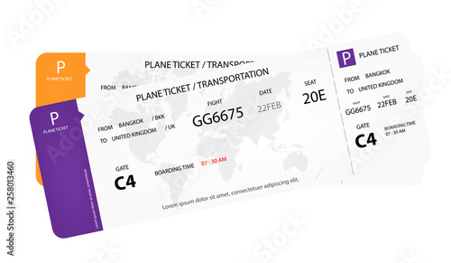 Modern airline tickets. Plane ticket design on white background. Concept design of  Plane ticket, airline ticket. flight time on ticket. Vector flat style cartoon illustration