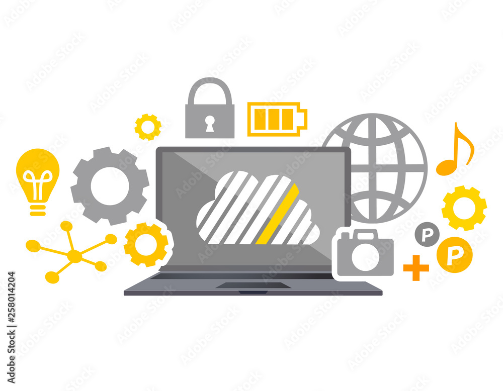 フラットデザインのパソコンのイラストとクラウドサーバーやインターネットのイメージ Stock Vector Adobe Stock