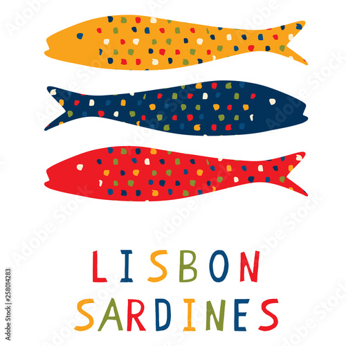 Sardine motif clipart with Lisbon text.  Grilled fishes symbol for St Antonio traditional portugese food festival. June Portugal party . Atlantic blue ocean animal. Isolated fishing icon lettering