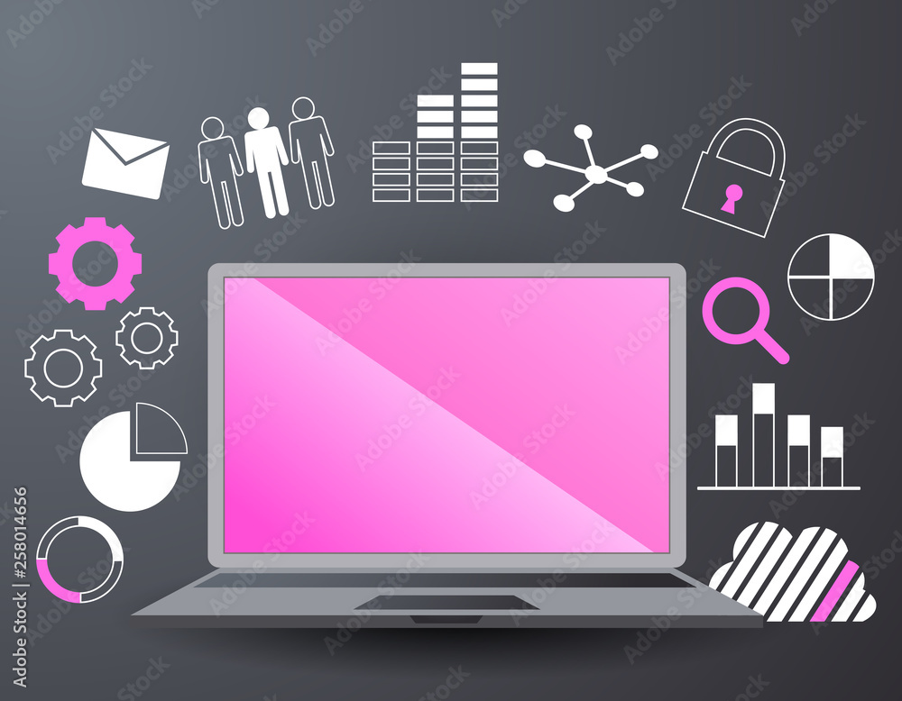 フラットデザインのパソコンのイラストとクラウドサーバーやインターネットのイメージ Stock ベクター Adobe Stock