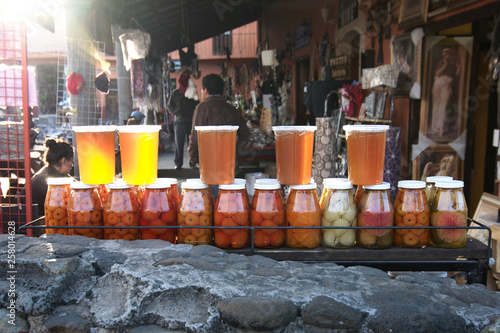 Honey and other local produce being sold at the town center, Huasca de Ocampo, Hidalgo, Mexico.