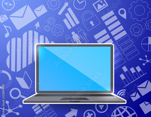 フラットデザインのパソコンのイラストとクラウドサーバーやインターネットのイメージ