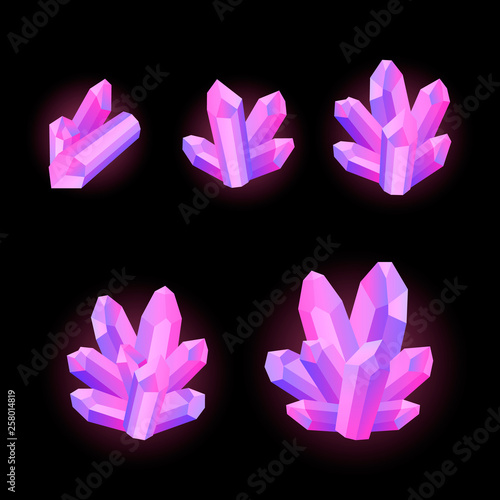 Set of 5 different size glowing crystals, gemstones, gems. Vector gui assets collection in cartoon style for game design isolated on white background.