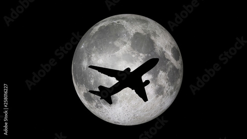 3d rendering moon and plane silhouette