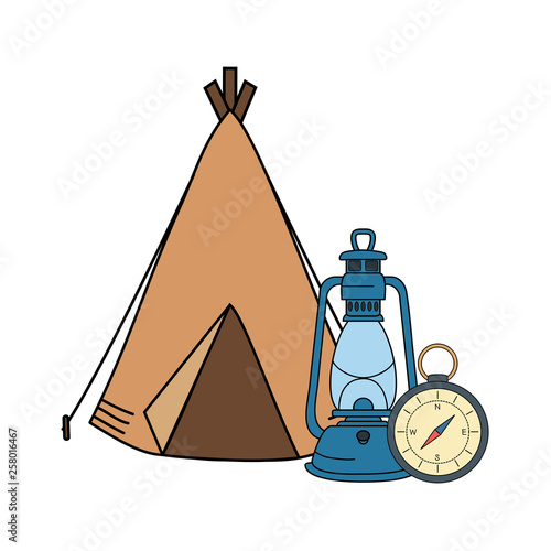 compass guide with kerosene lamp and tent