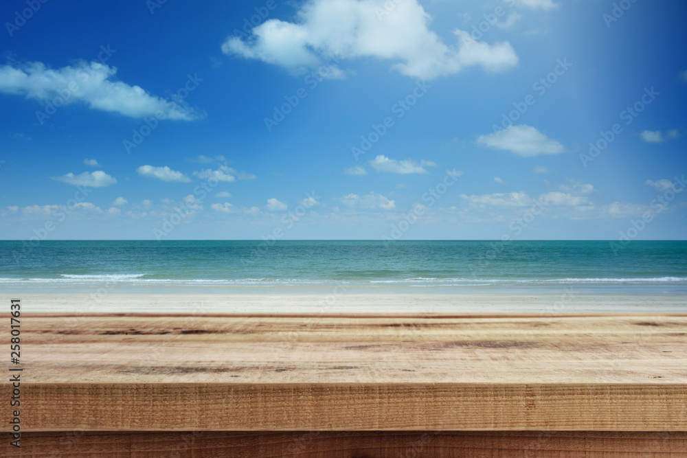 Tropical beach background and empty wooden, Summer.
