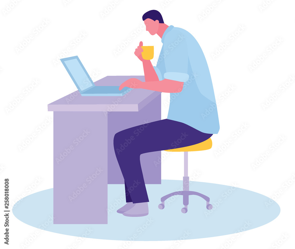 Coworking space. the guy sits at the table and works with a laptop. Flat cartoon design style vector illustration. Coworking space. the guy sits at the table and works with a laptop. Flat cartoon design style vector illustration.