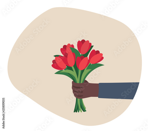 Romantic surprise. Hand holding a bouquet of flowers. Happy Women's Day, Valentine's Day. Anniversary, birthday. Flat design illustration.