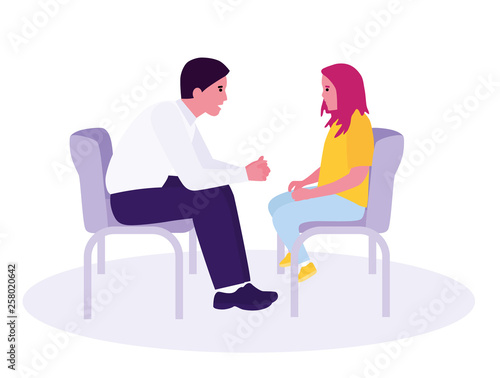 Cute little girl at child psychologist's office isolated on white background. Vector illustration in a flat cartoon style