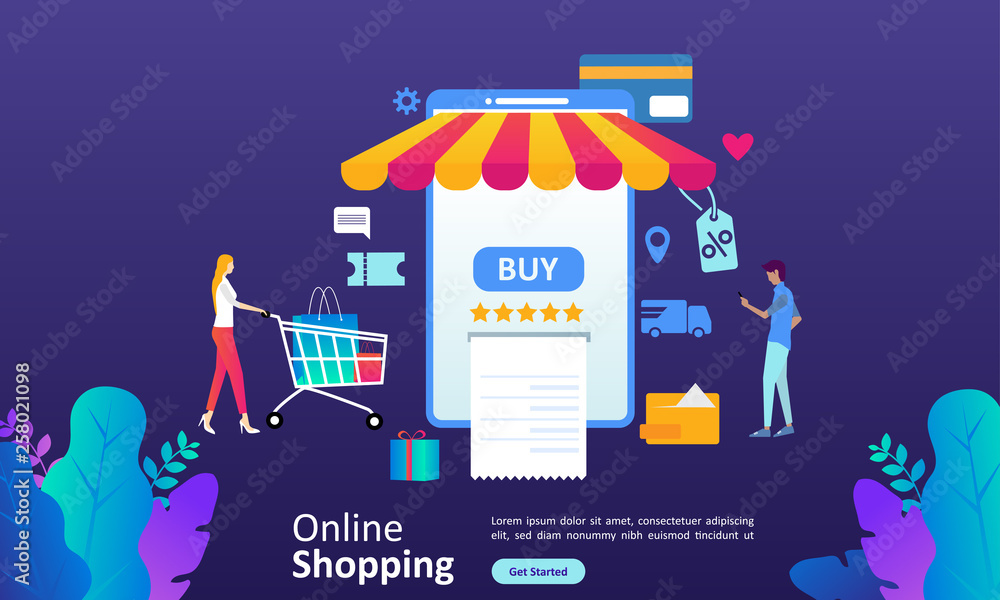 Online Shopping and Business concept for e-Commerce with shopping people activities. Suitable for web landing page, ui, mobile app, banner template. Vector Illustration