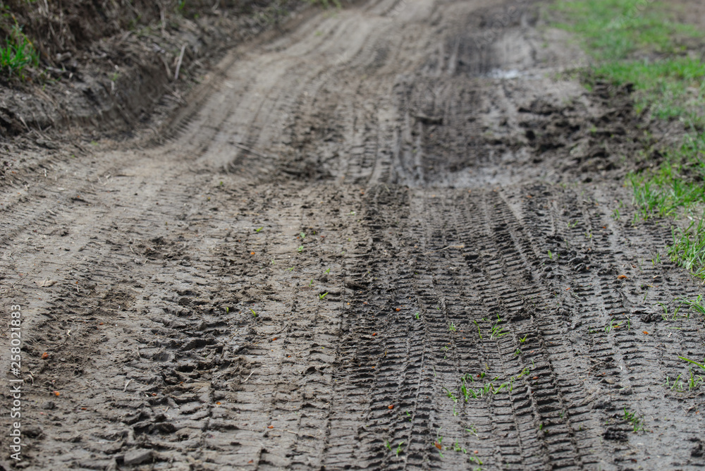 Naklejka premium tyre prints in muddy soil macro