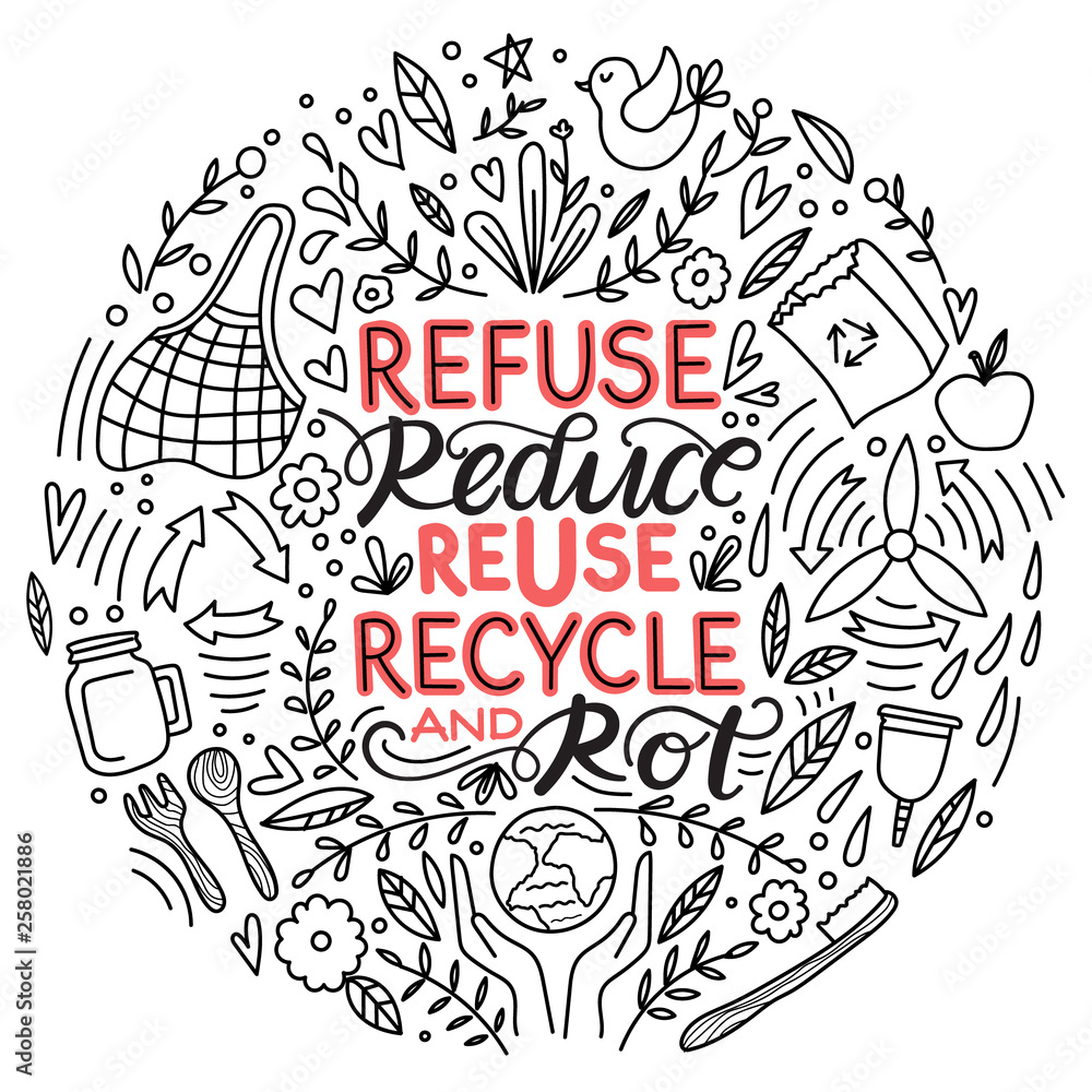 Zero waste concept, recycle and reuse, reduce - ecological lifestyle, set with lettering