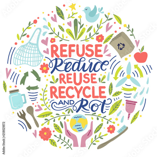 Zero waste concept, recycle and reuse, reduce - ecological lifestyle, set with lettering