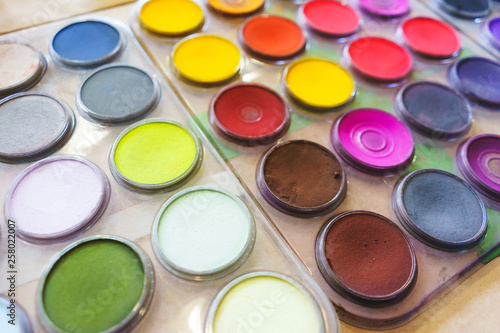 Pastel colors in a plastic round palette. 