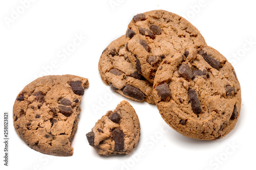 Chocolate chip cookies isolated on white background. Flat lay. Top view. Homemade cookies.