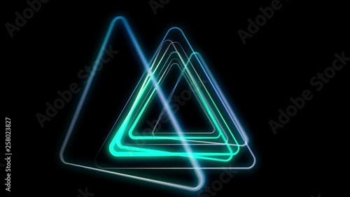 Glowing triangular 3D UI element. Illuminated geometric triangle and pyramid shapes transforming in a seamless loop. photo